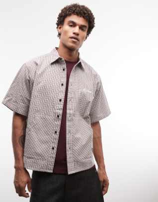 XLARGE - Camicia a maniche corte beige a quadri con tasche a marsupio
