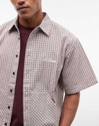 XLARGE - Camicia a maniche corte beige a quadri con tasche a marsupio