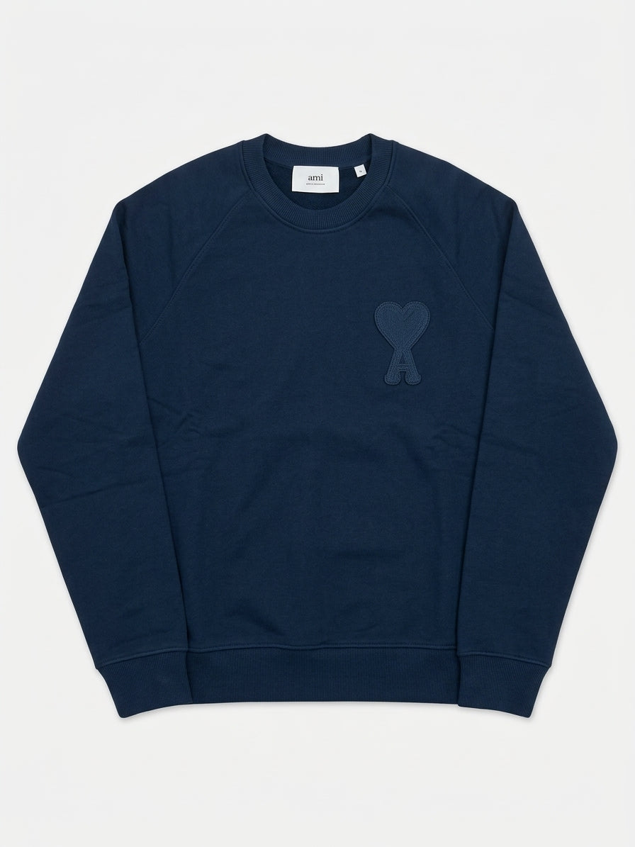 Felpa Blu Scuro Girocollo Ami Paris in Cotone con Logo Ami de Cœur