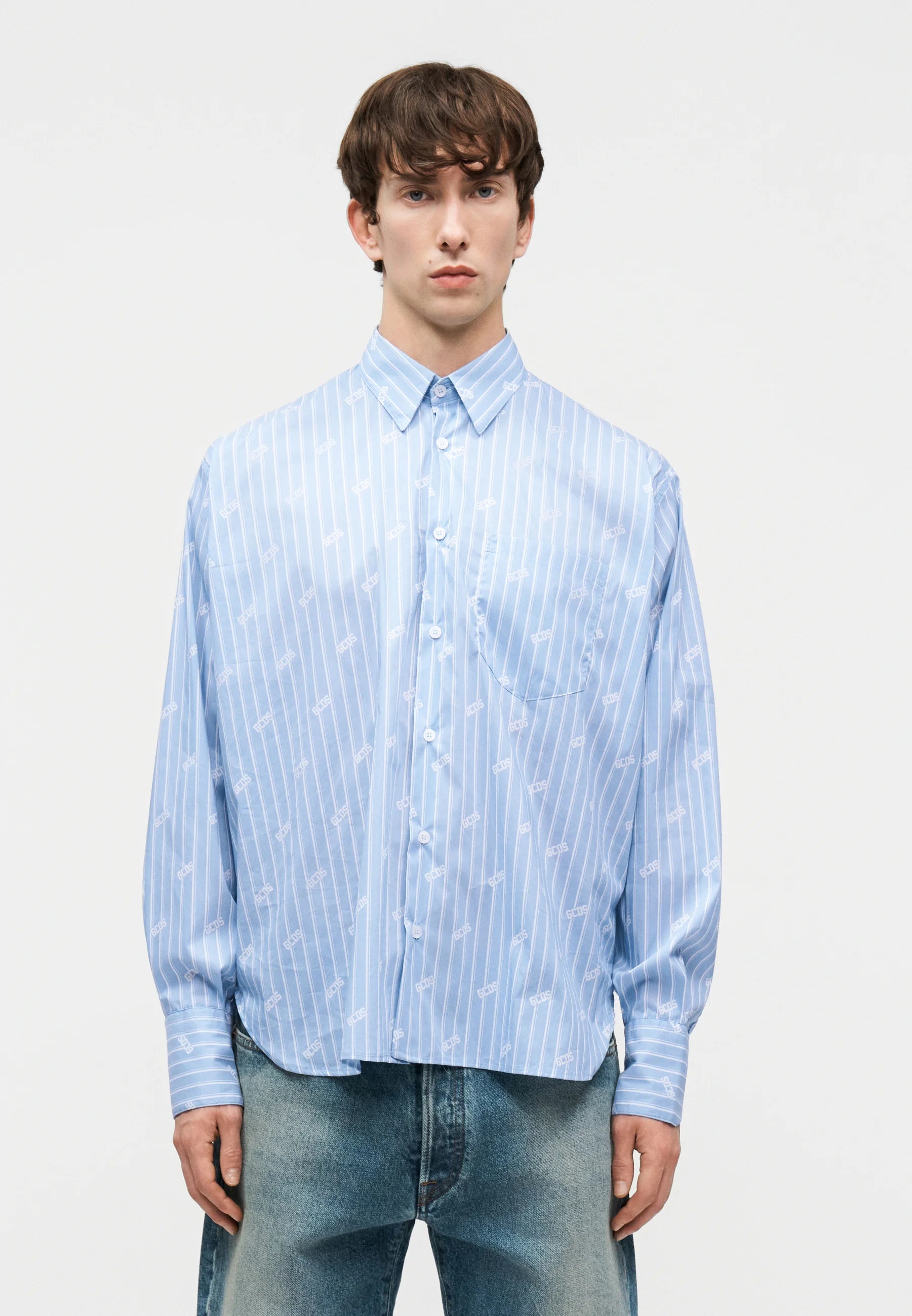 Gcds WHITE LABEL PINSTRIPE LOGO SHIRT - CAMICIA - FADED BLUE/WHITE Taglia Unica