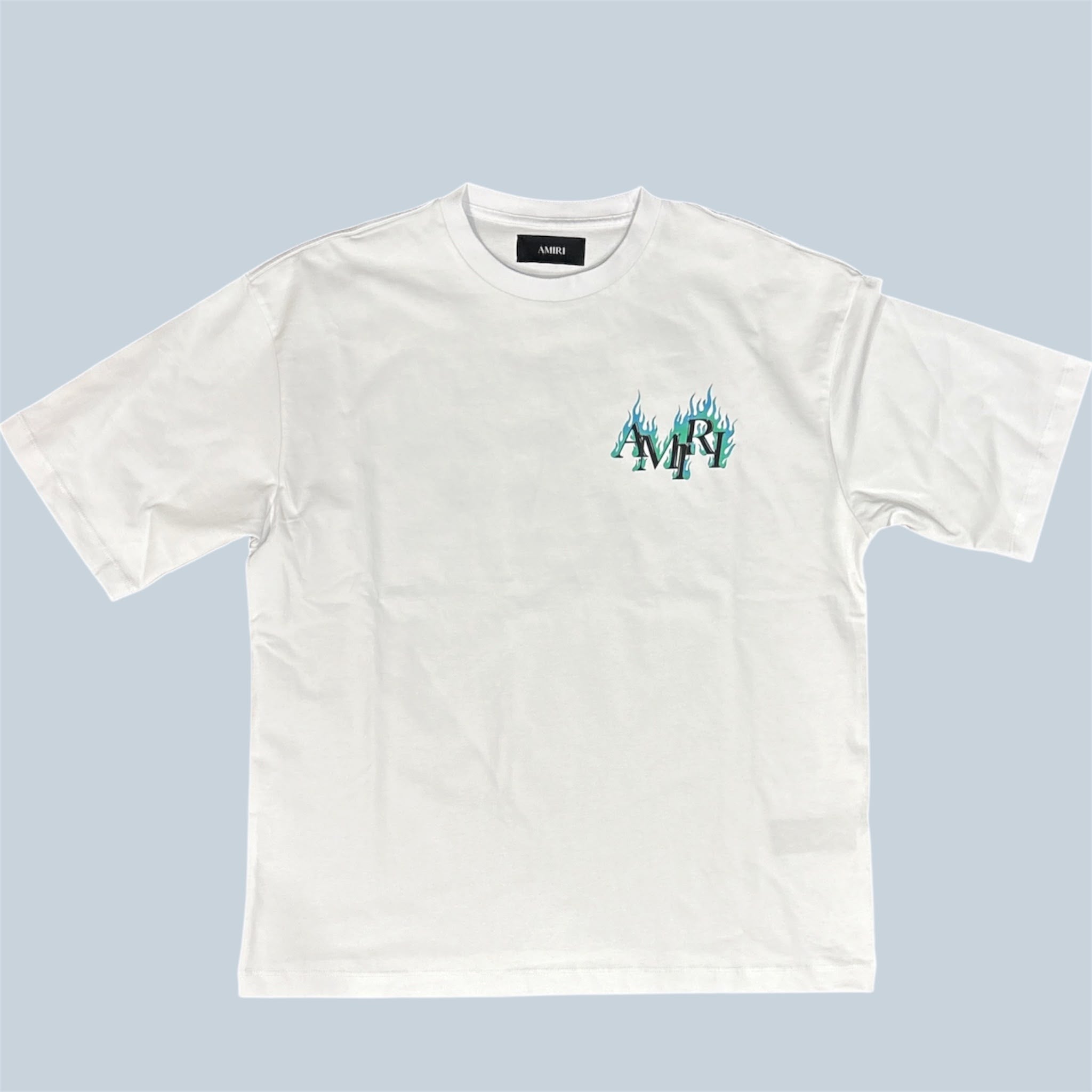 T-Shirt Amiri Bianca con Logo Fiamme Azzurre