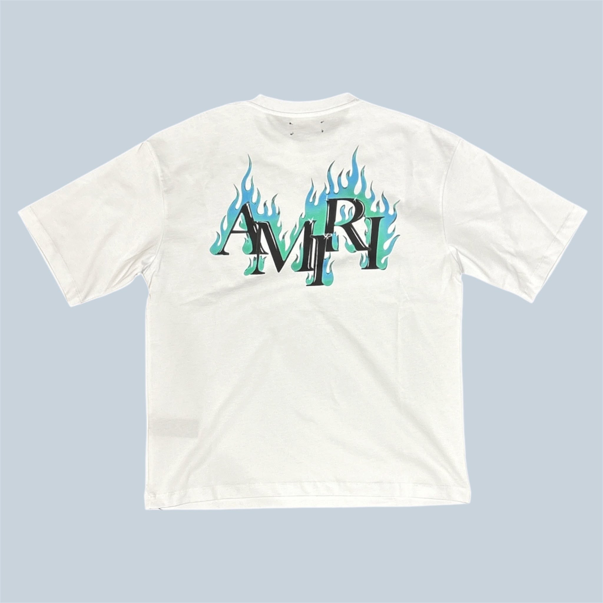 T-Shirt Amiri Bianca con Logo Fiamme Azzurre