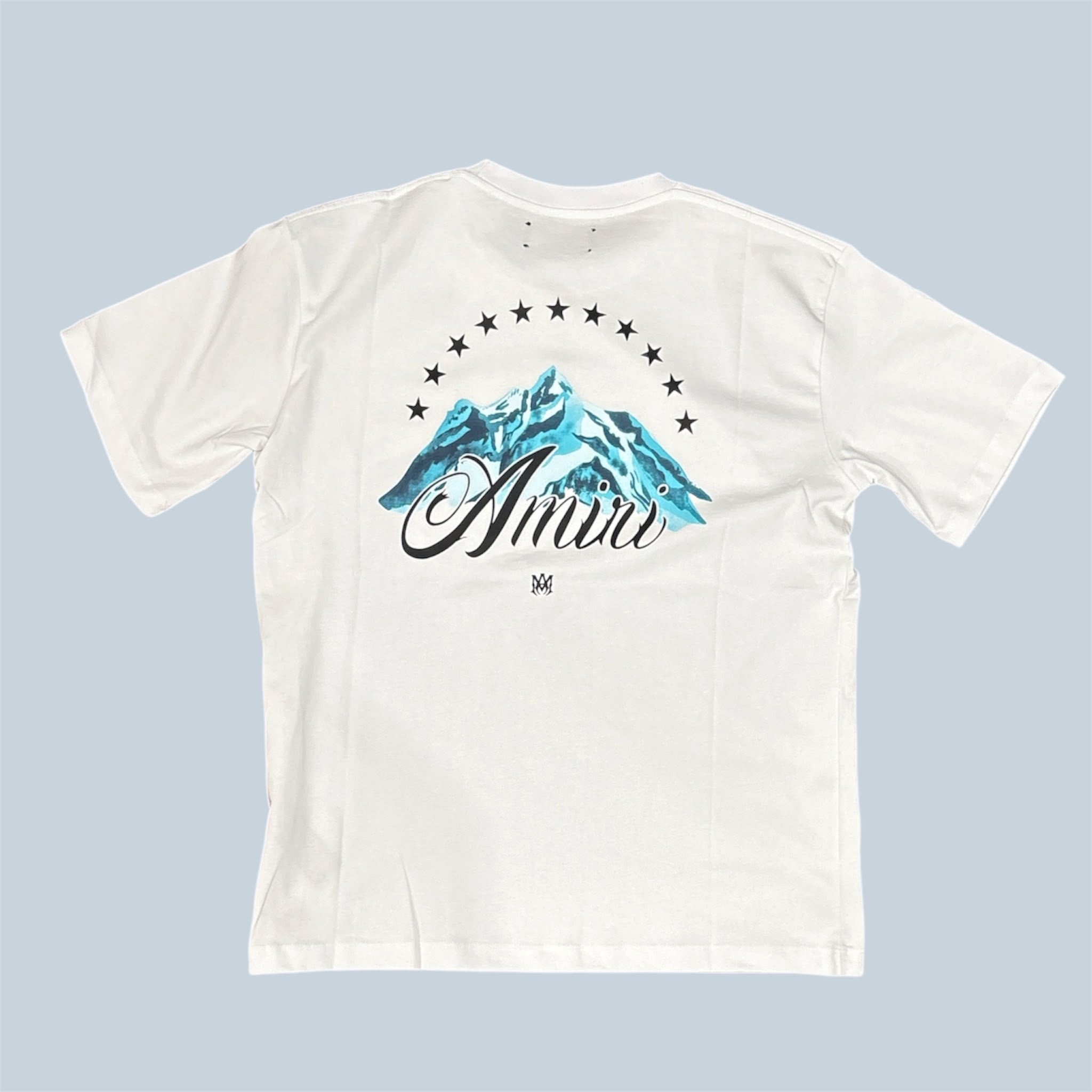 T-Shirt Amiri Bianca con Logo Corsivo e Montagna