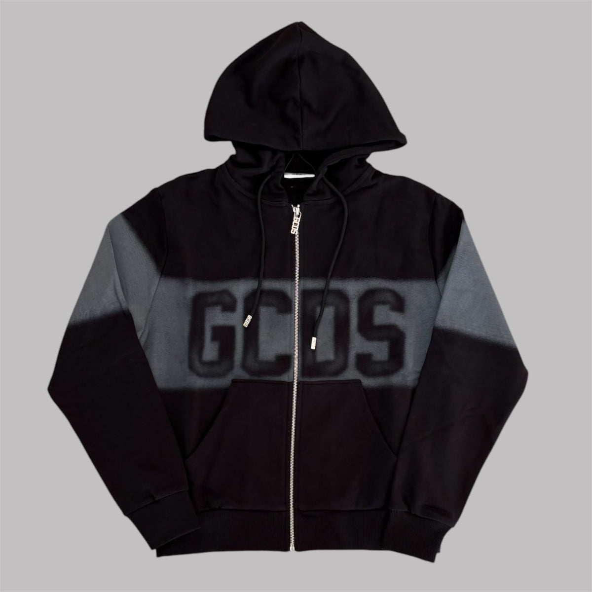 GCDS Logo Spray Zip Hoodie Black Grey | Felpa Zip Nero Grigio