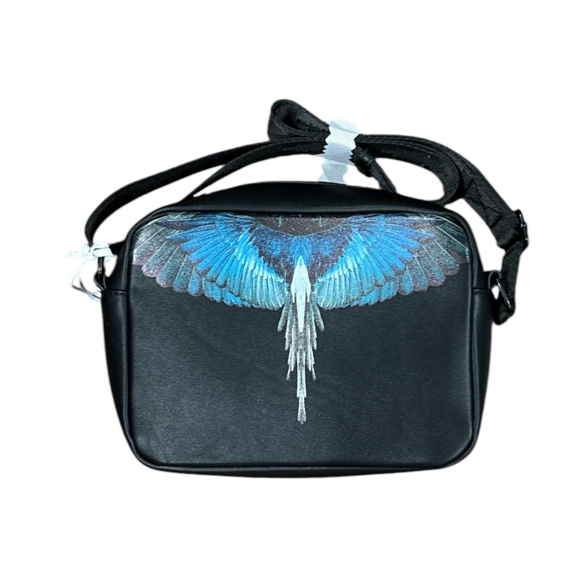 Marcelo Burlon County of Milan – Borsa a Tracolla Camera Bag in Pelle Nera con Stampa Ali Blu