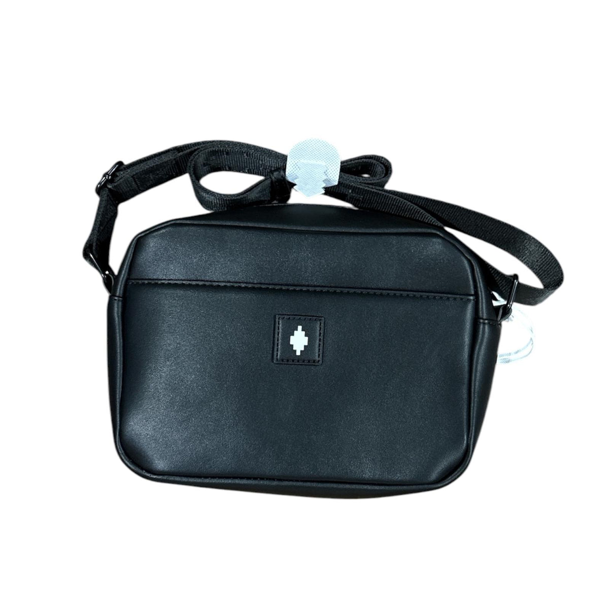 Marcelo Burlon County of Milan – Borsa a Tracolla Camera Bag in Pelle Nera con Stampa Ali Blu