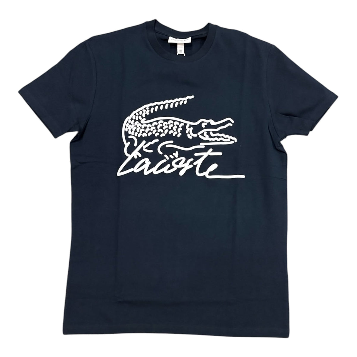 T-shirt Lacoste Blu Notte con Grafica Coccodrillo e Logo Corsivo | Uomo