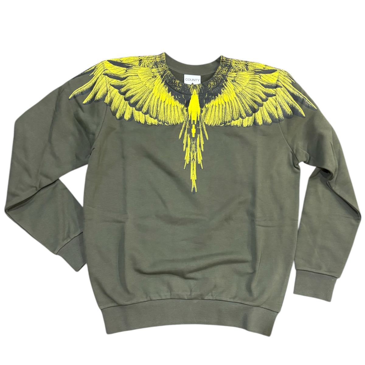 Felpa Girocollo Uomo Marcelo Burlon County of Milan F6CMMASW043 - Verde Oliva con Grafica Wings Gialla